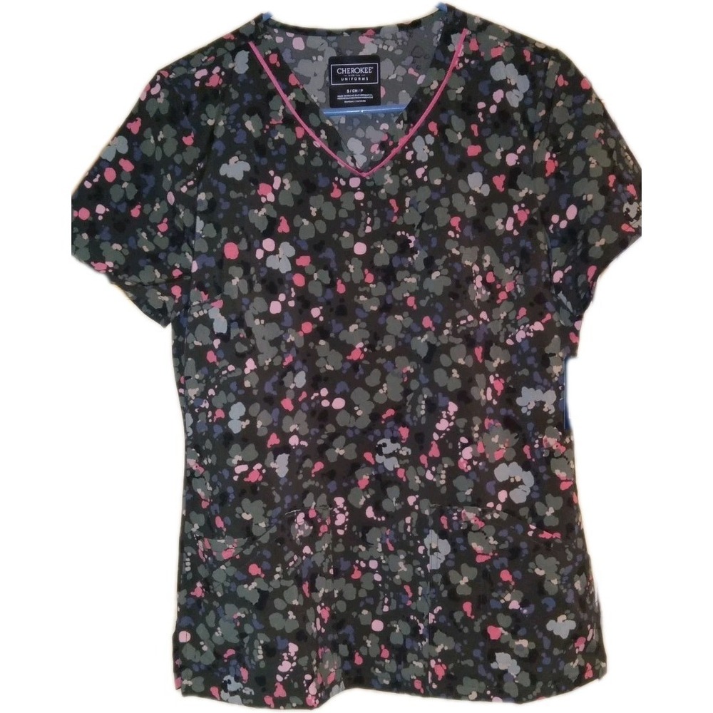 Womens Sz S What The‎ Speck Cherokee Scrub V Neck Top CK678 WTSP Green & Pink